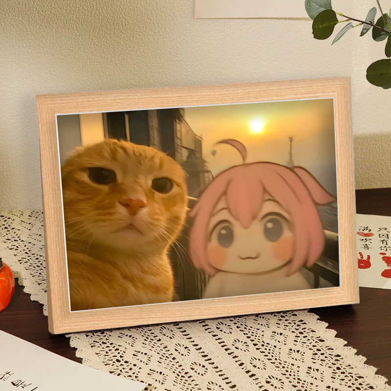 Doro's round-headed, octogenarian cat, Hakimi, travel-themed, healing photo frame.