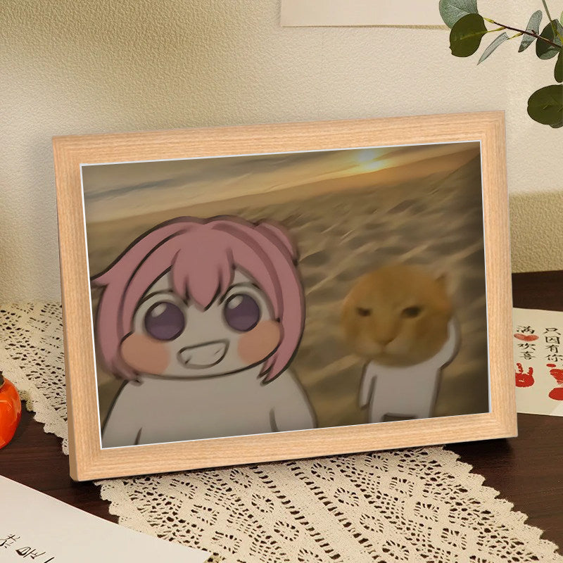 Doro's round-headed, octogenarian cat, Hakimi, travel-themed, healing photo frame.