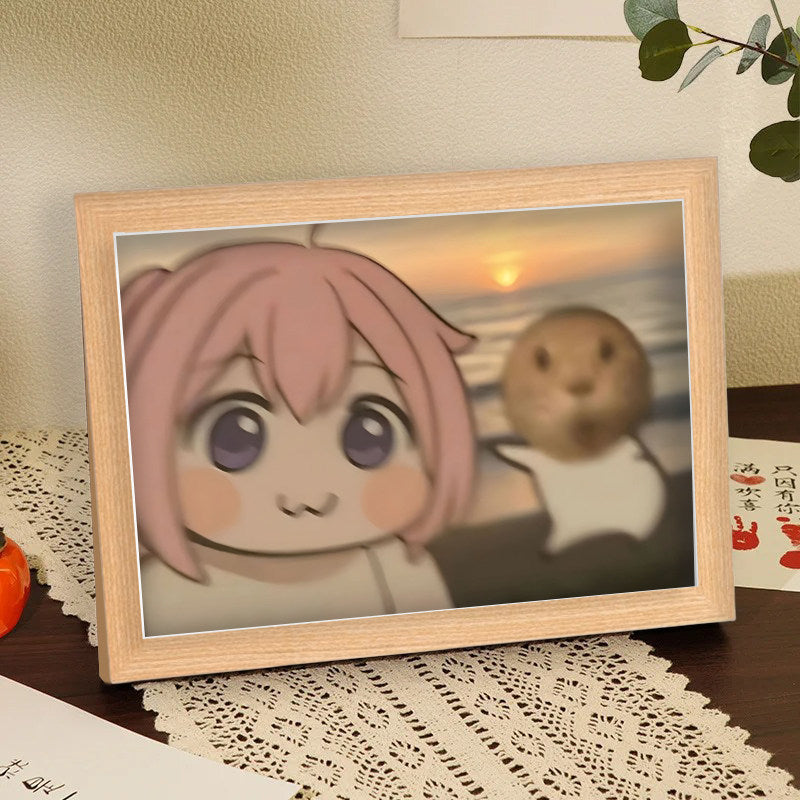 Doro's round-headed, octogenarian cat, Hakimi, travel-themed, healing photo frame.