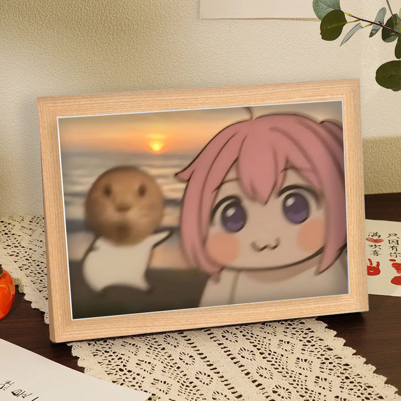 Doro's round-headed, octogenarian cat, Hakimi, travel-themed, healing photo frame.